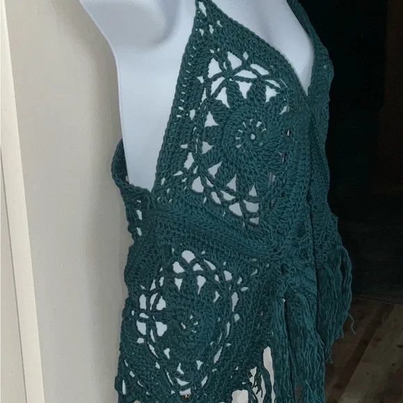 Hand Crafted Halter Crochet  Bohemian with Fringe Coverup  M/L Teal Green/Blue - Picture 7 of 11